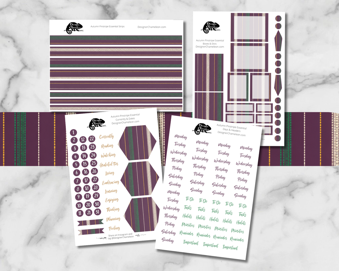 Four Autumn Pinstripe Essentials sticker sheets with plum striped boxes, dots, days, dates, words and coordinating washi strips.