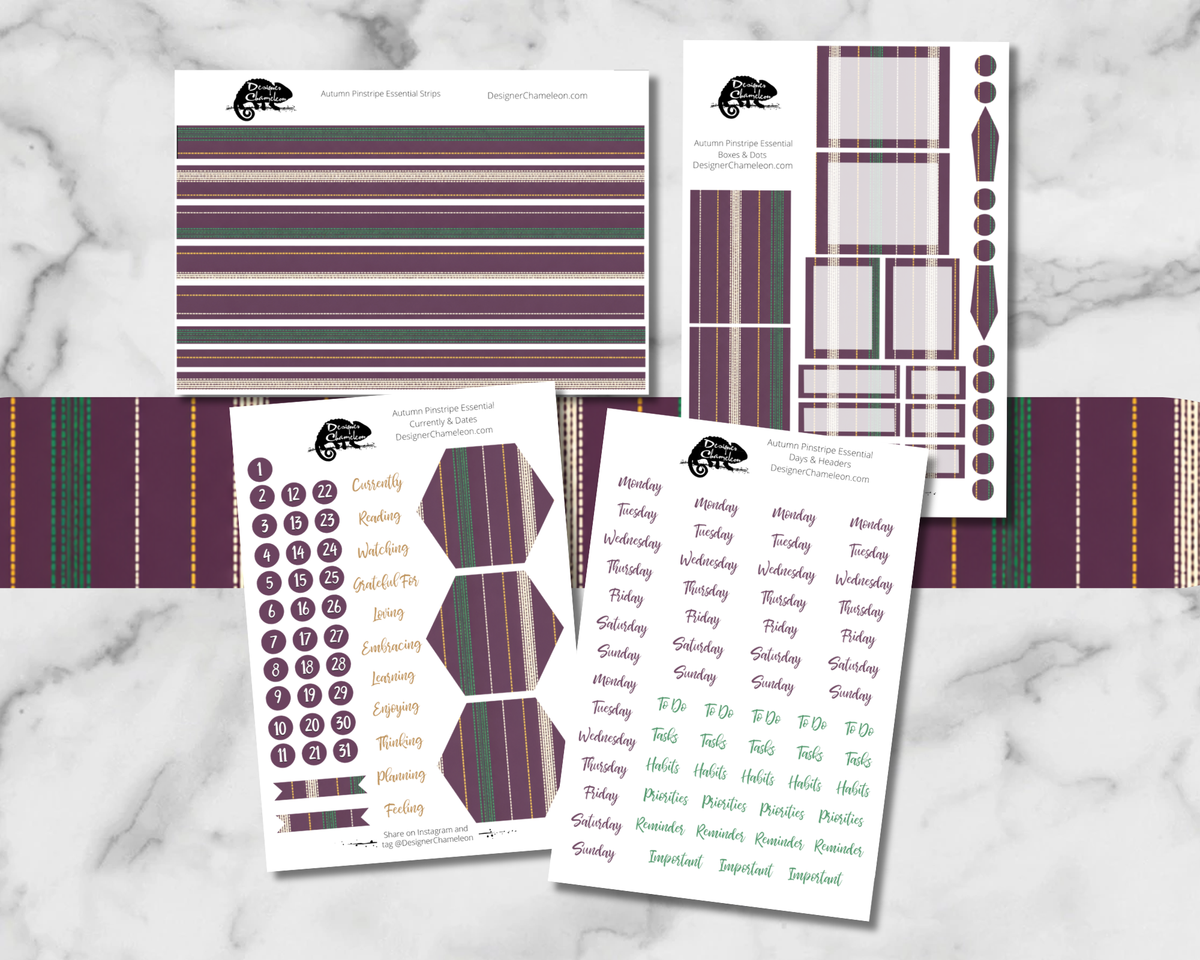 Four Autumn Pinstripe Essentials sticker sheets with plum striped boxes, dots, days, dates, words and coordinating washi strips.