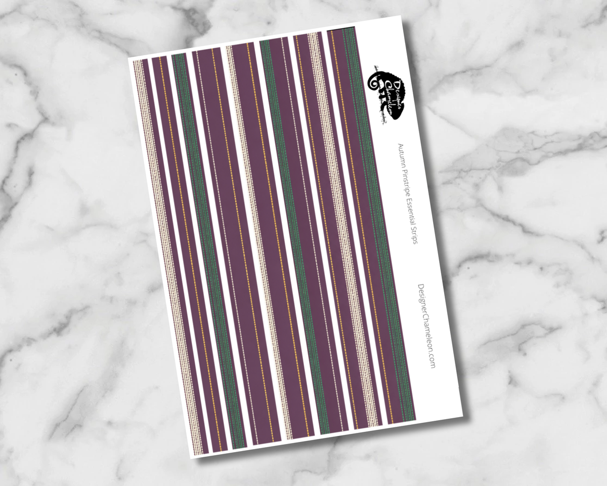 Autumn Pinstripe Essentials Washi sticker sheet with narrow plum, green, cream and muted autumn stripes on a marble background.