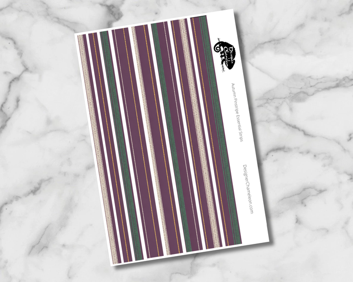 Autumn Pinstripe Essentials Washi sticker sheet with narrow plum, green, cream and muted autumn stripes on a marble background.