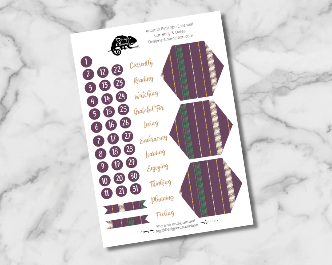 Autumn Pinstripe Essentials Days and Dates sheet with numbered circles, month names, striped hexagons and small decorative strips.