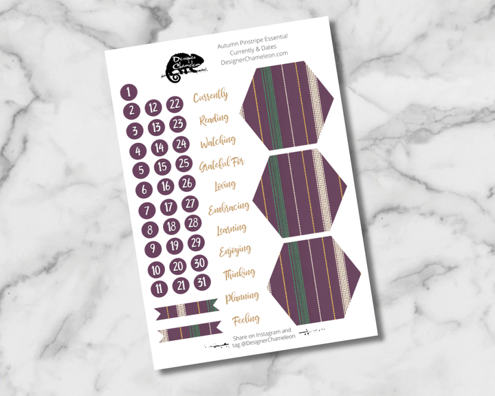 Autumn Pinstripe Essentials Days and Dates sheet with numbered circles, month names, striped hexagons and small decorative strips.
