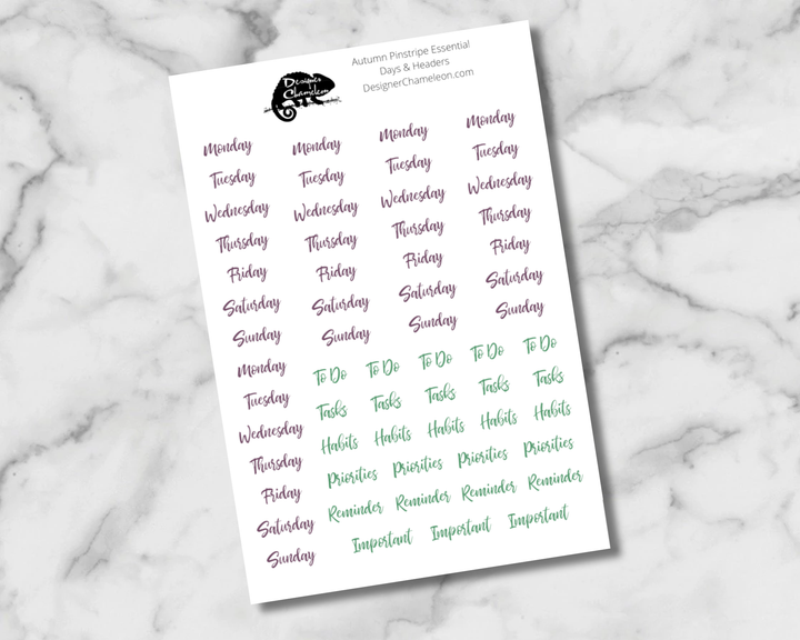 Autumn Pinstripe Essentials Words sheet with repeated weekday names and planning labels in muted purple and green script.