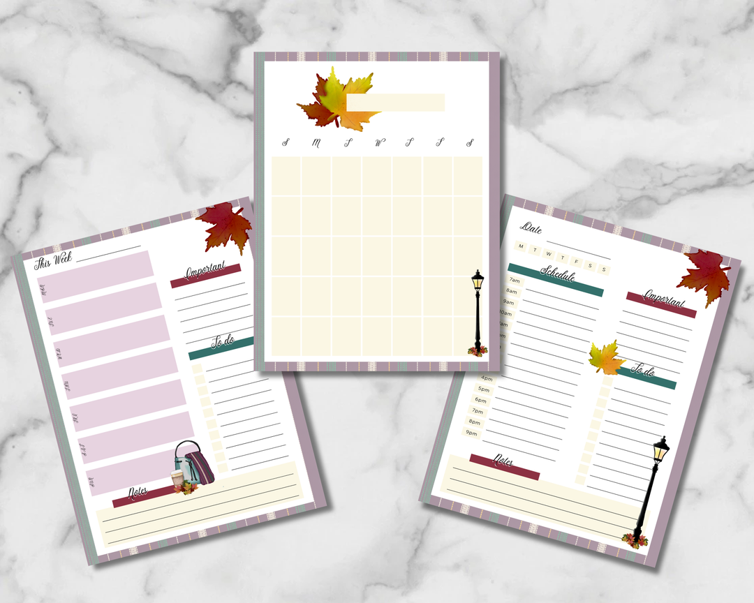 Autumn in the Park monthly, weekly and daily planner inserts with plaid borders, cream and lilac writing areas, leaves and lampposts.