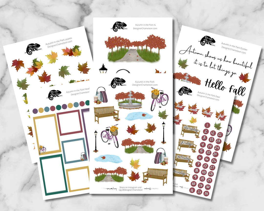 Six Autumn in the Park Complete Collection sheets with park artwork, coordinating boxes, dates, XL designs, leaves and quotes.