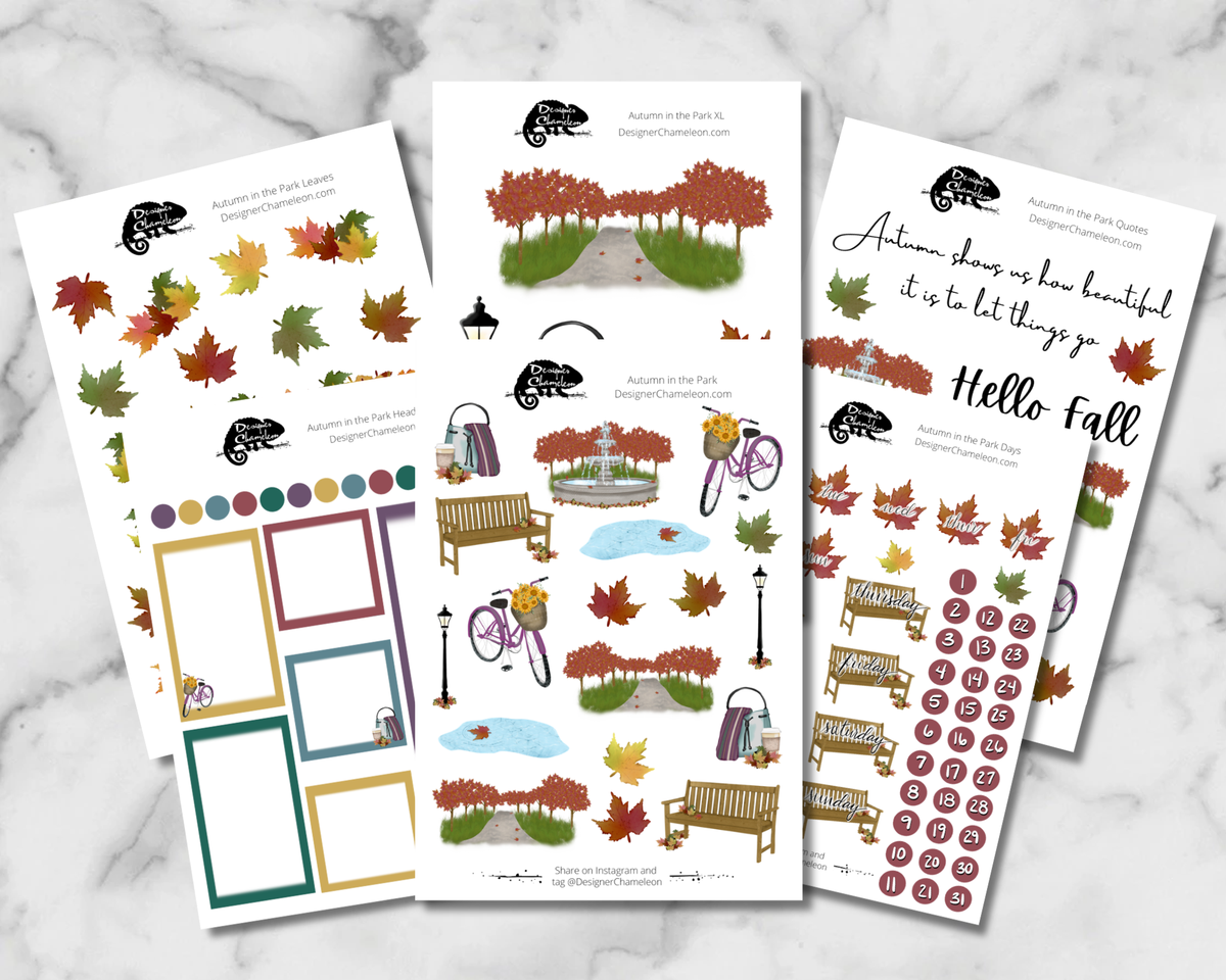 Six Autumn in the Park Complete Collection sheets with park artwork, coordinating boxes, dates, XL designs, leaves and quotes.