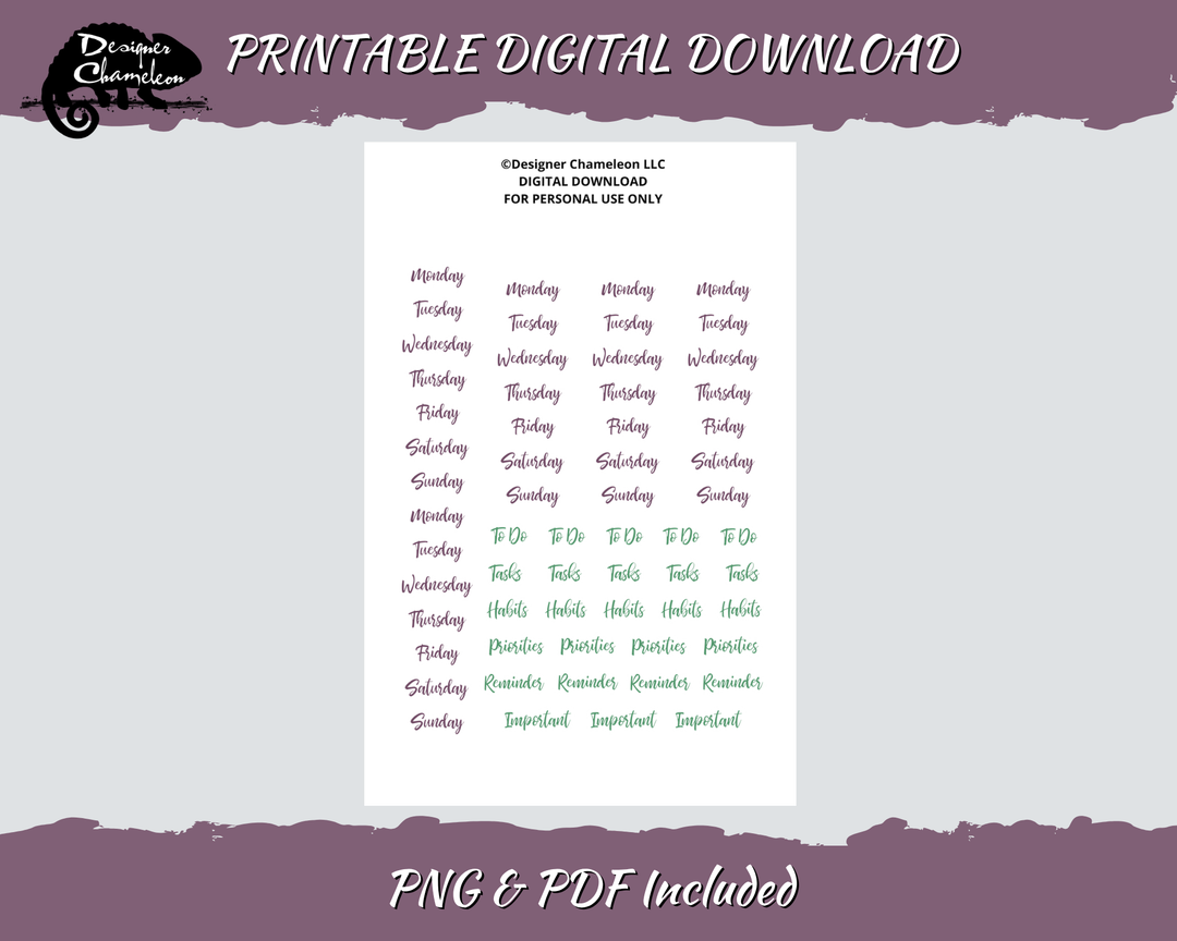Printable Autumn Pinstripe Essentials Words sheet with repeated weekday names and planning labels in muted purple and green script.