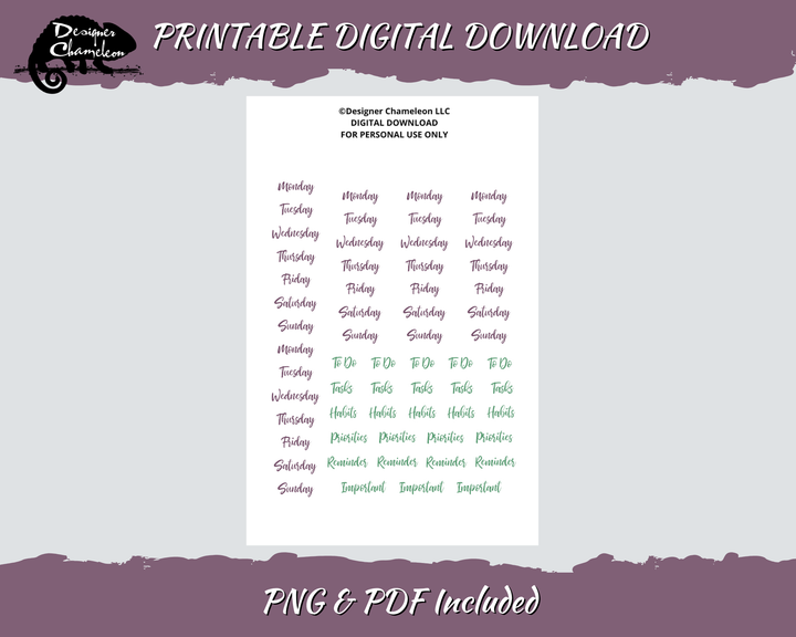Printable Autumn Pinstripe Essentials Words sheet with repeated weekday names and planning labels in muted purple and green script.