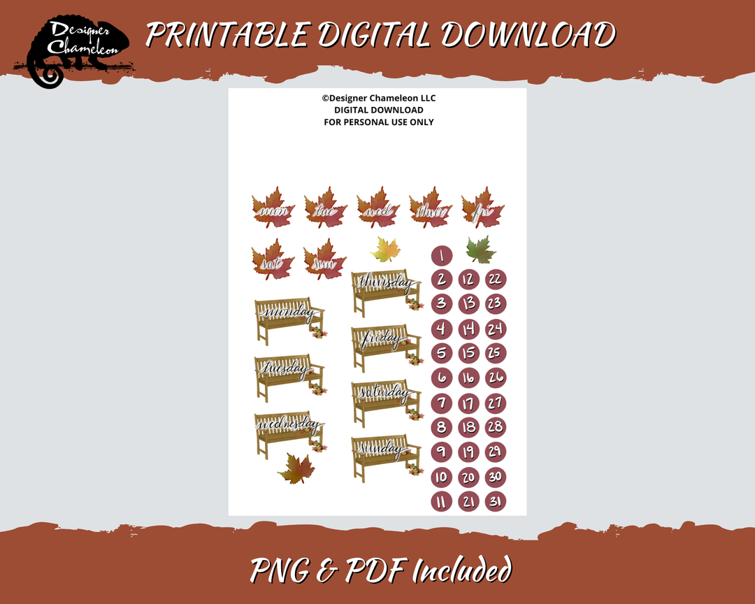 Printable Autumn in the Park Days and Dates sheet with weekday leaf designs, benches, autumn leaves and numbered plum circles.