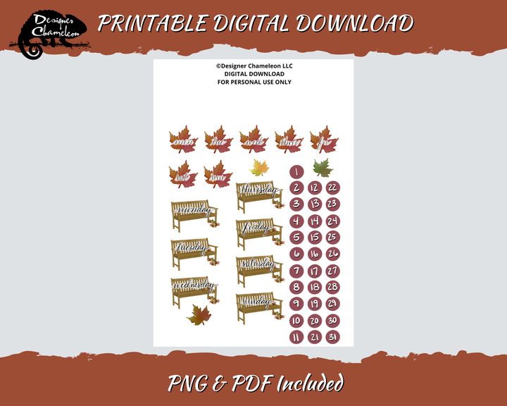 Printable Autumn in the Park Days and Dates sheet with weekday leaf designs, benches, autumn leaves and numbered plum circles.