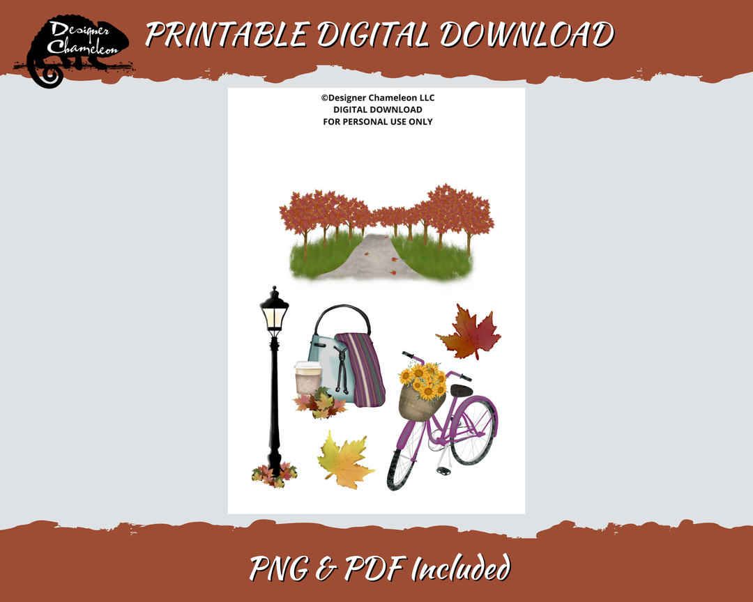 Printable Autumn in the Park XL sheet with a tree-lined path, lamppost, bag and drink, purple bicycle, flowers and autumn leaves.