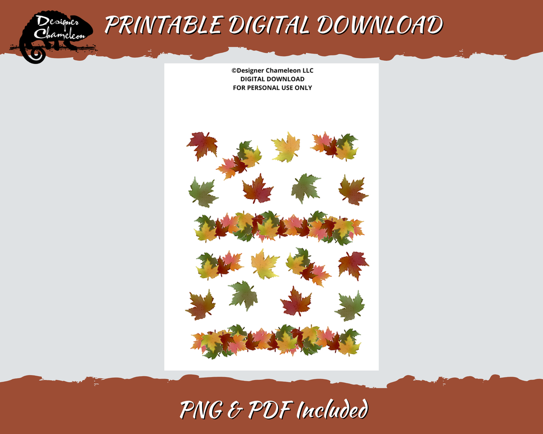 Printable Autumn in the Park Leaves sheet with individual red, orange, yellow and green leaves and three leafy border strips.