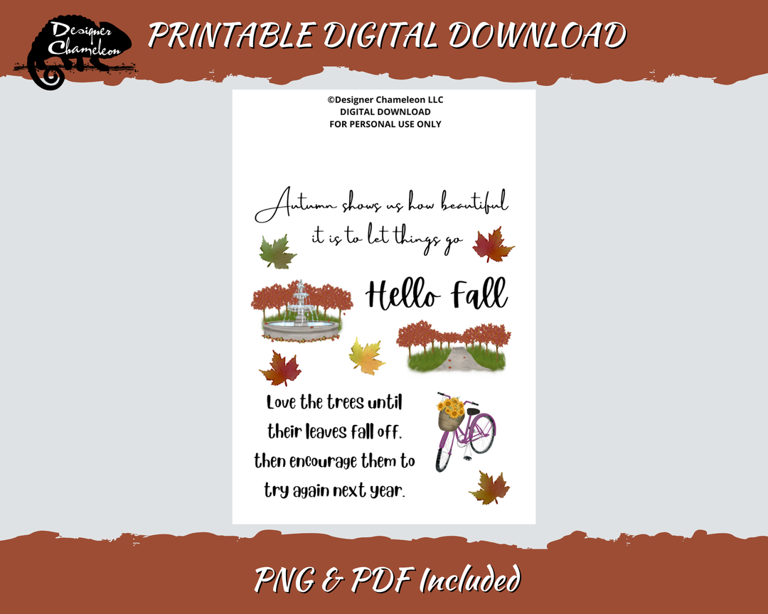 Printable Autumn in the Park Quotes sheet with Hello fall lettering, seasonal sayings, autumn leaves, park scenes and a bicycle.