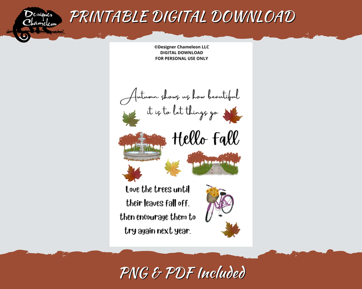 Printable Autumn in the Park Quotes sheet with Hello fall lettering, seasonal sayings, autumn leaves, park scenes and a bicycle.