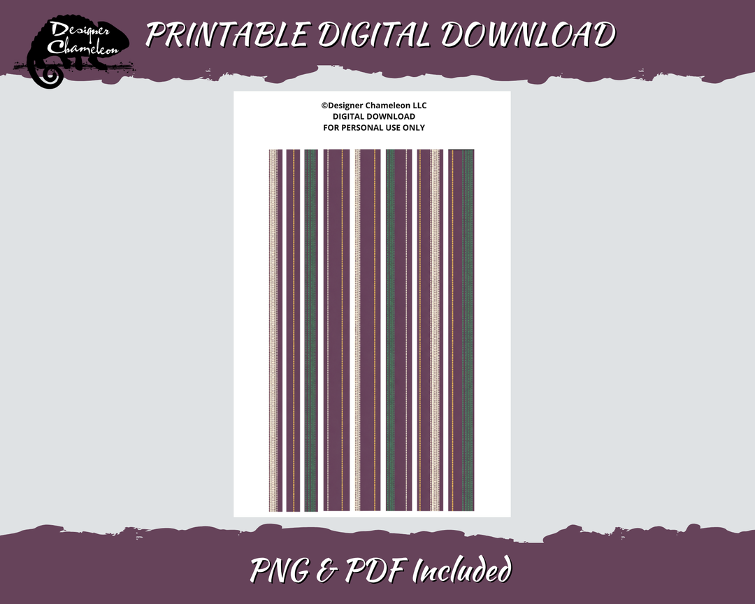 Printable Autumn Pinstripe Essentials Washi sheet with narrow plum, green, cream and muted autumn stripes, framed by plum borders.