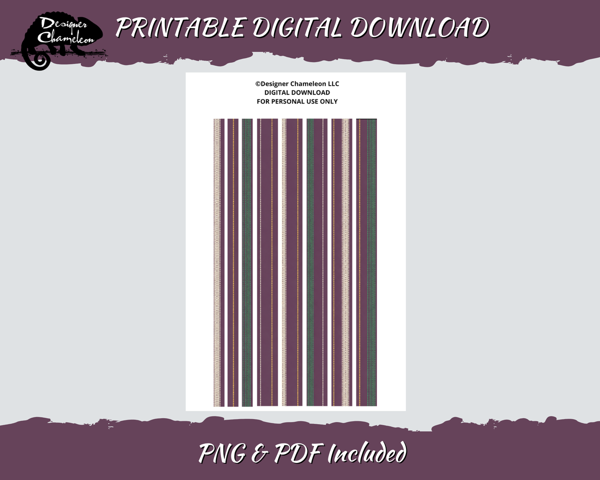 Printable Autumn Pinstripe Essentials Washi sheet with narrow plum, green, cream and muted autumn stripes, framed by plum borders.