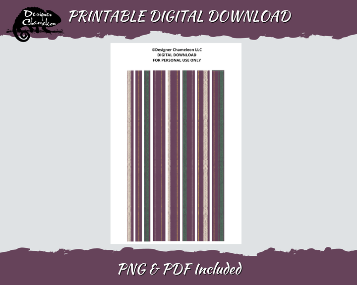 Printable Autumn Pinstripe Essentials Washi sheet with narrow plum, green, cream and muted autumn stripes, framed by plum borders.