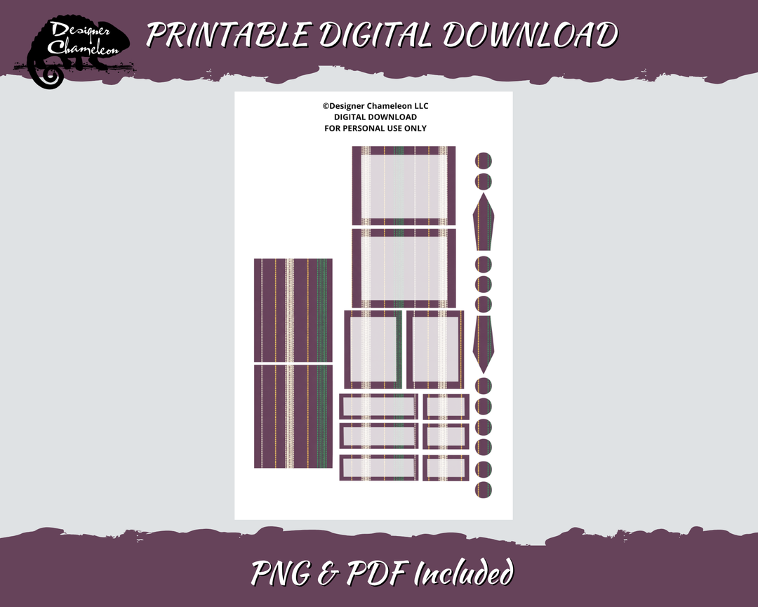 Printable Autumn Pinstripe Essentials Boxes and Dots sheet with striped boxes, labels, circles and pointed decorative shapes.