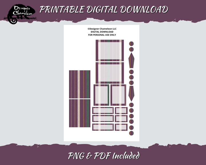 Printable Autumn Pinstripe Essentials Boxes and Dots sheet with striped boxes, labels, circles and pointed decorative shapes.