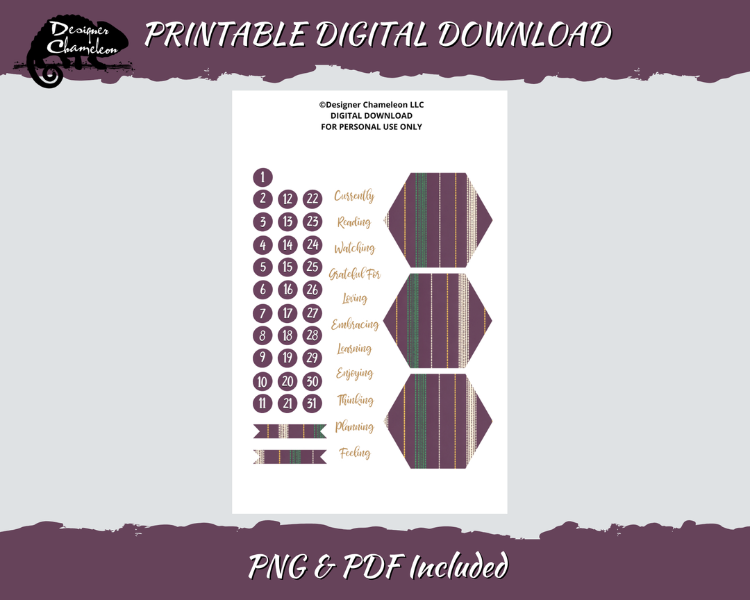 Printable Autumn Pinstripe Essentials Days and Dates sheet with plum numbers, month names, striped hexagons and small strips.