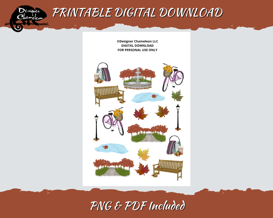Printable Autumn in the Park Main Artwork sheet with benches, bicycles, tree-lined paths, ponds, lampposts, bags and autumn leaves.