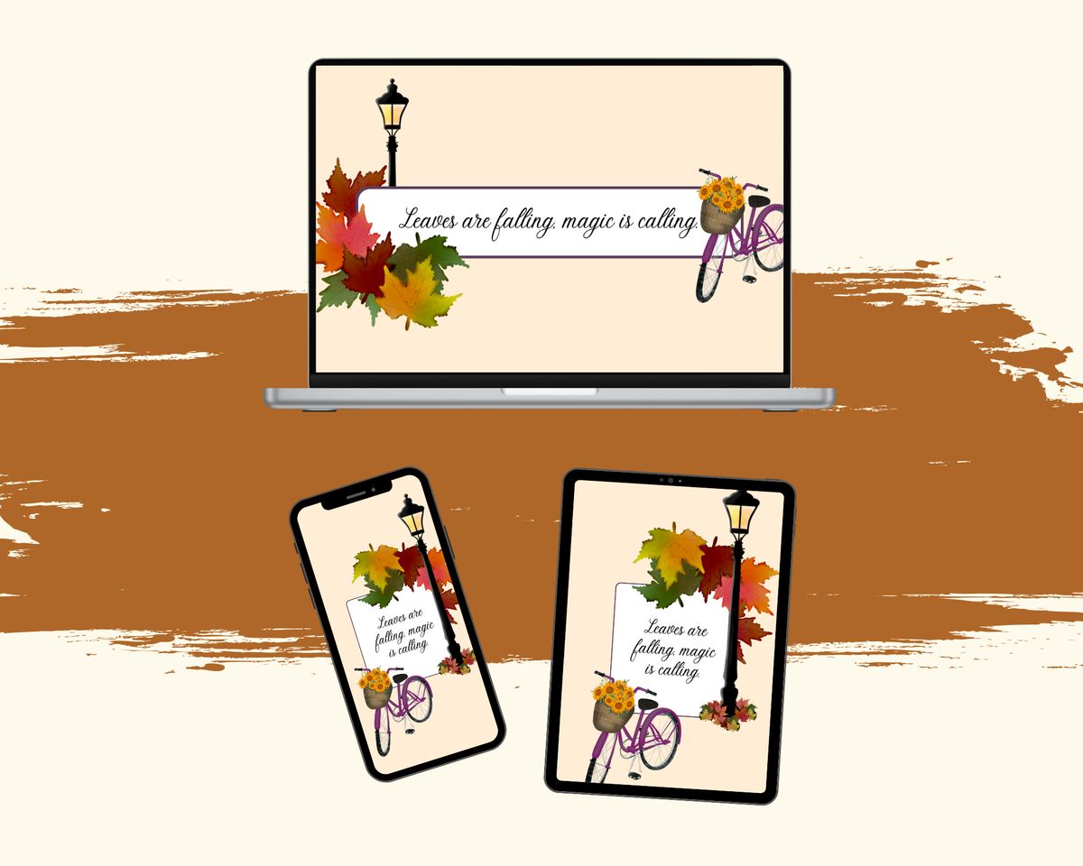 Autumn in the Park wallpaper previews on a laptop, phone and tablet with colorful leaves, a lamppost, bicycle and fall lettering.