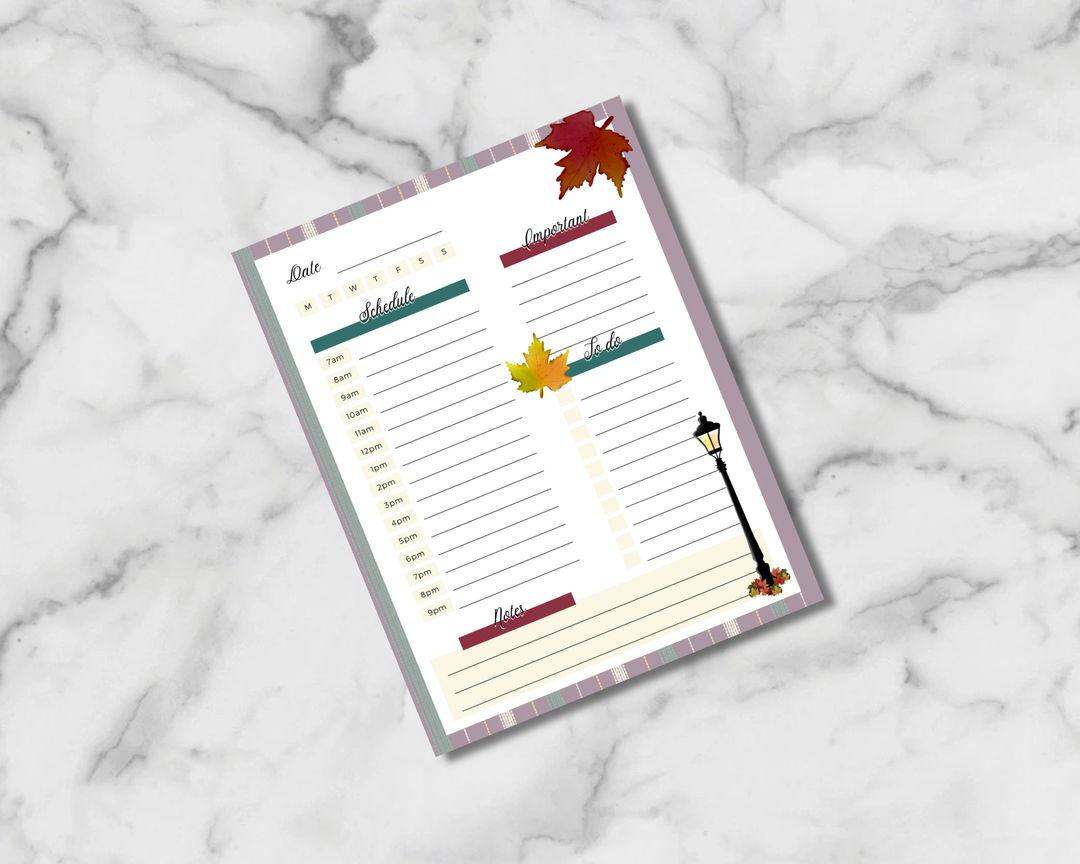 Autumn in the Park daily planner insert with a timed schedule, lined lists, notes, plaid borders, autumn leaves and a lamppost.