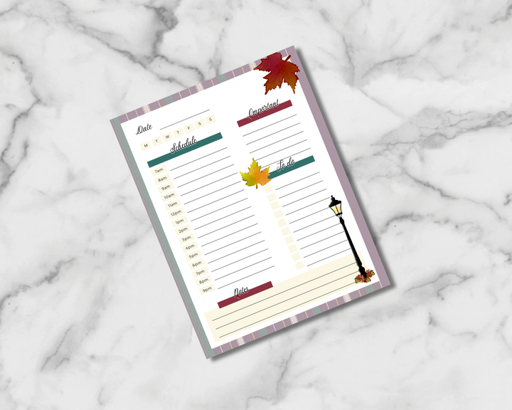 Autumn in the Park daily planner insert with a timed schedule, lined lists, notes, plaid borders, autumn leaves and a lamppost.