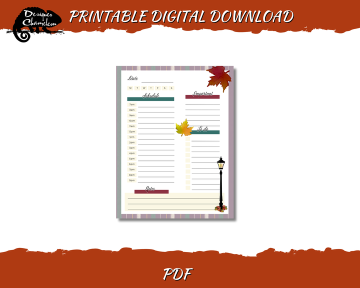 Printable Autumn in the Park daily planner page with a timed schedule, lists, notes, autumn leaves and a lamppost detail.