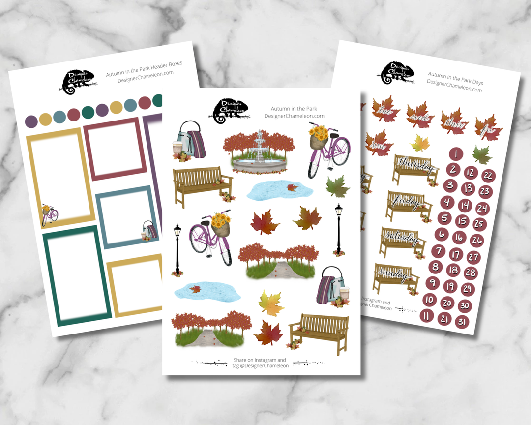 Three Autumn in the Park Month Kit sheets with park benches, bicycles, autumn leaves, coordinating boxes and days and dates.