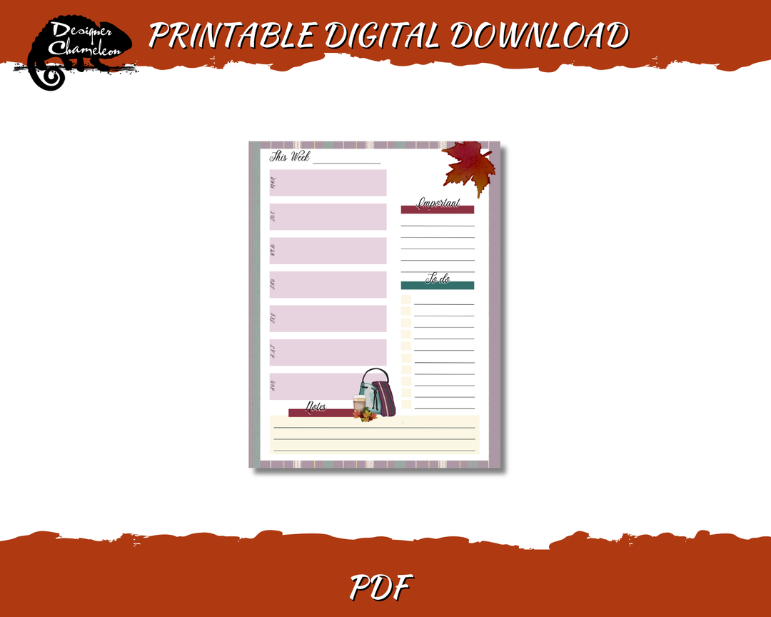 Printable Autumn in the Park weekly planner page with lilac weekday boxes, lined lists, notes, autumn leaves and a bag illustration.