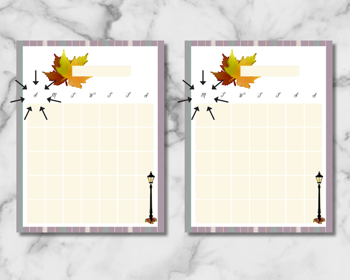 Two Autumn in the Park monthly planner layouts with pale cream calendar grids, plaid borders, autumn leaves and lamppost details.
