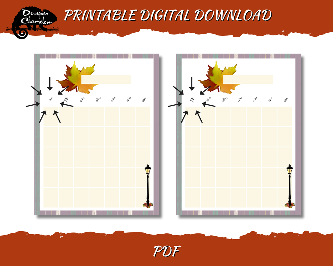 Printable Autumn in the Park monthly planner layouts with pale cream calendar grids, plaid borders, leaves and lamppost details.