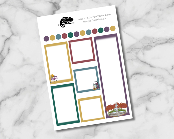Autumn in the Park Boxes sheet with plum, gold, teal and green borders, small park illustrations and coordinating round dots.