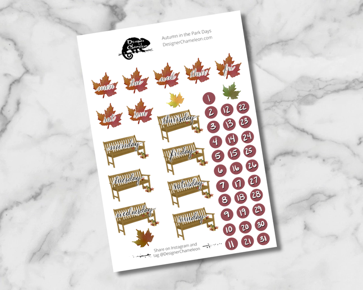 Autumn in the Park Days and Dates sheet with weekday leaf designs, benches, colorful leaves and numbered plum date circles.