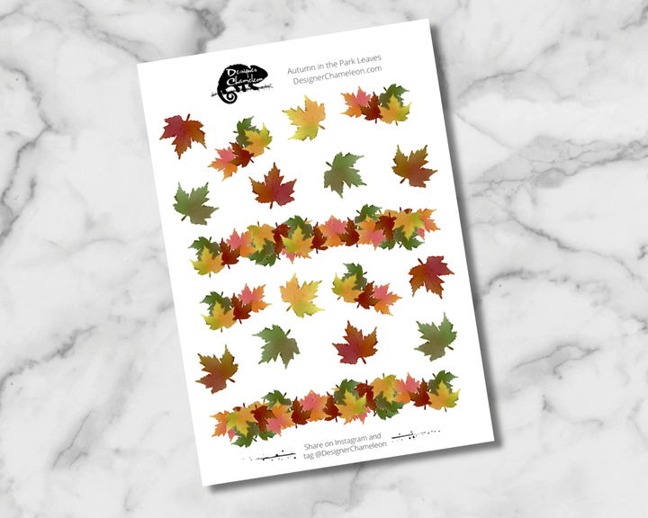 Autumn in the Park Leaves sticker sheet with individual red, orange, yellow and green leaves and three leafy border strips.