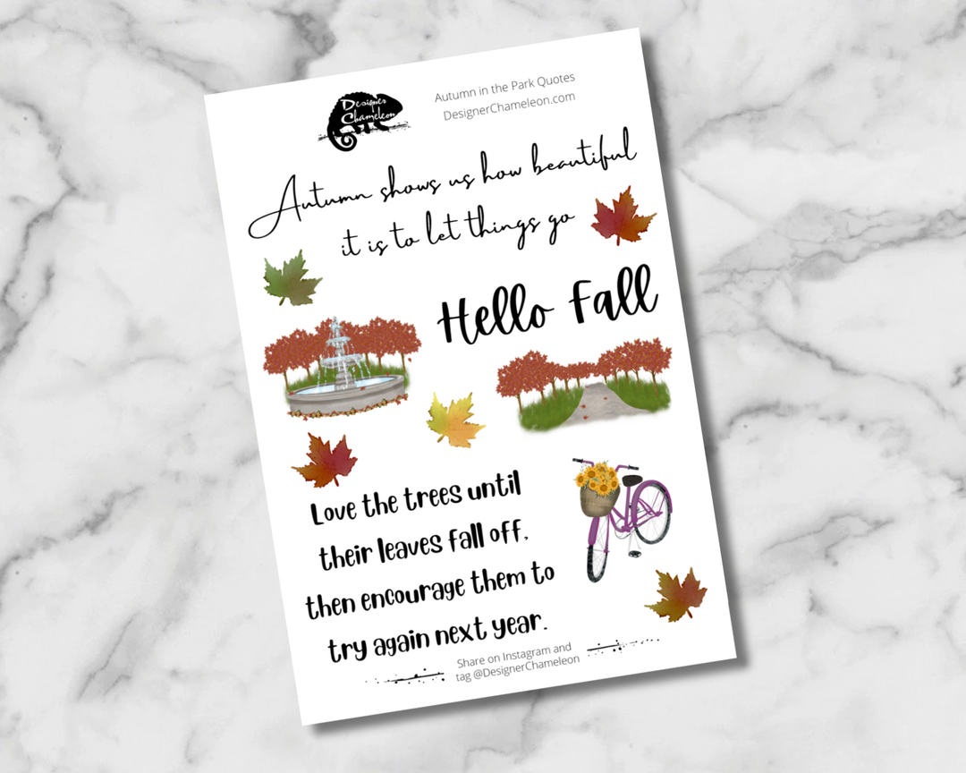 Autumn in the Park Quotes sheet with Hello fall lettering, seasonal sayings, colorful leaves, park scenes and a purple bicycle.