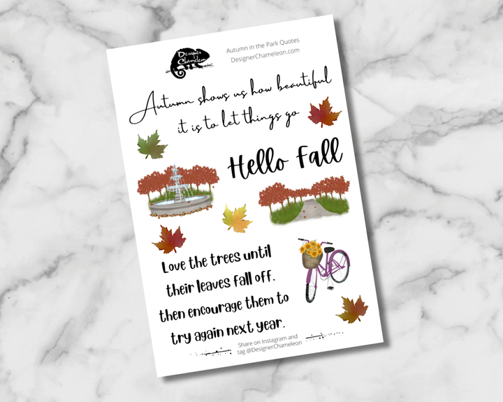 Autumn in the Park Quotes sheet with Hello fall lettering, seasonal sayings, colorful leaves, park scenes and a purple bicycle.