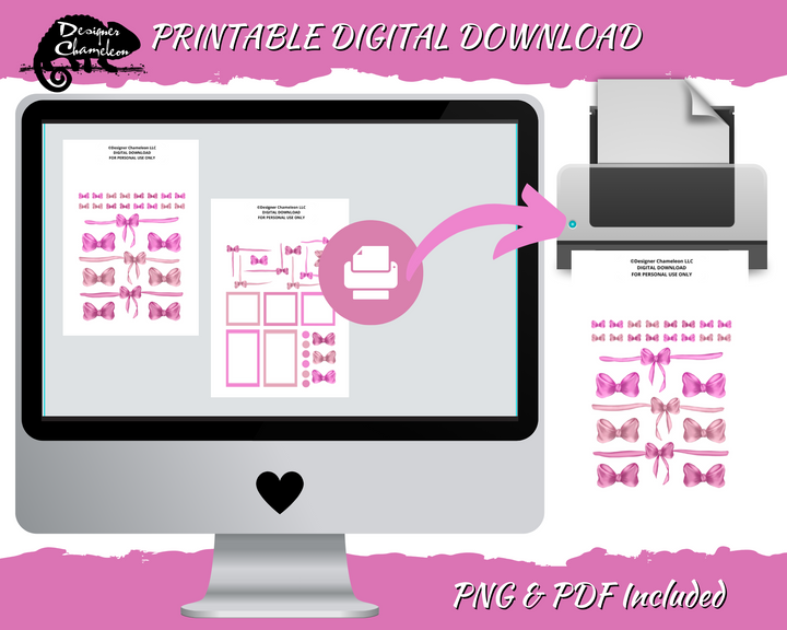 DIGITAL Pink Ribbon Bow Sticker Set